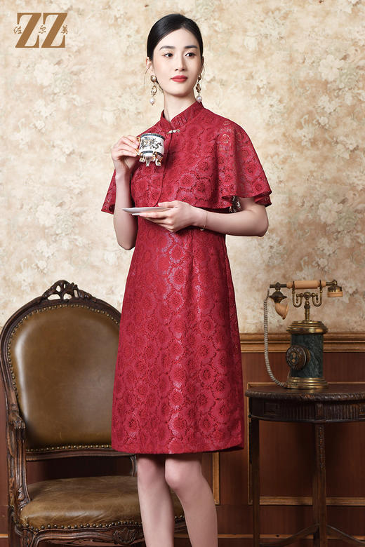 佐尔美春夏新款 蕾丝红色披肩无袖连衣裙女E21LL11 商品图0