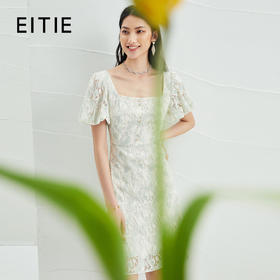 EITIE爱特爱夏季新款时尚气质显瘦泡泡袖方领a字蕾丝连衣裙B2207938