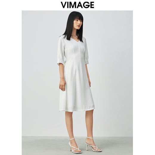VIMAGE纬漫纪夏季V领收腰雪纺裙子五分袖过膝裙连衣裙V1507148 商品图1