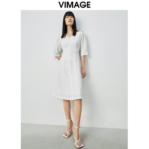 VIMAGE纬漫纪夏季V领收腰雪纺裙子五分袖过膝裙连衣裙V1507148 商品图2