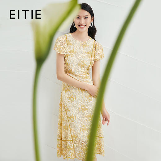 EITIE爱特爱夏季新款飞飞袖显瘦通勤百搭收腰a字蕾丝连衣裙B2207940 商品图0