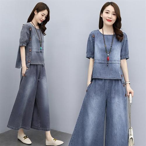 文艺气质，时尚棉麻牛仔阔腿裤两件套HR-GJC2130-11 商品图1