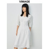 VIMAGE纬漫纪夏季V领收腰雪纺裙子五分袖过膝裙连衣裙V1507148 商品缩略图0