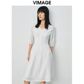 VIMAGE纬漫纪夏季V领收腰雪纺裙子五分袖过膝裙连衣裙V1507148