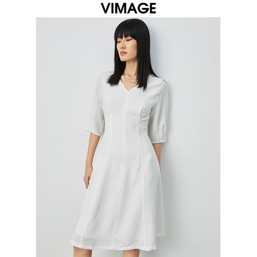 VIMAGE纬漫纪夏季V领收腰雪纺裙子五分袖过膝裙连衣裙V1507148 商品图0