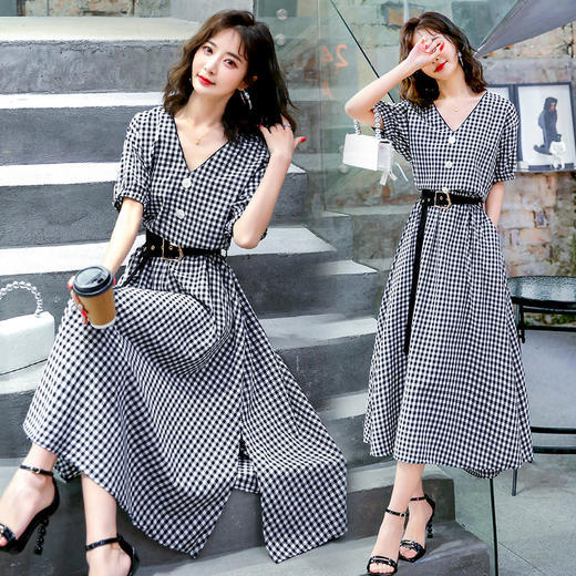 HRFS-WB20089夏季新款V领显瘦连衣裙复古格纹气质长款裙子 商品图3