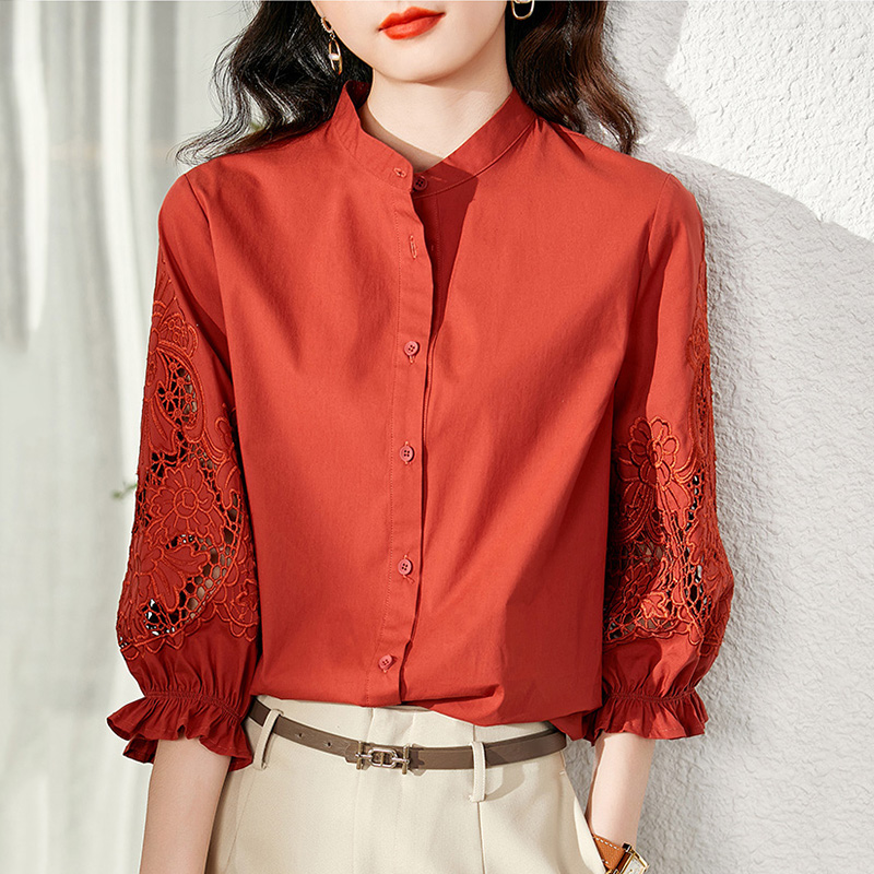 刺绣衬衫女设计感小众立领衬衣七分袖上衣 KIS1002
