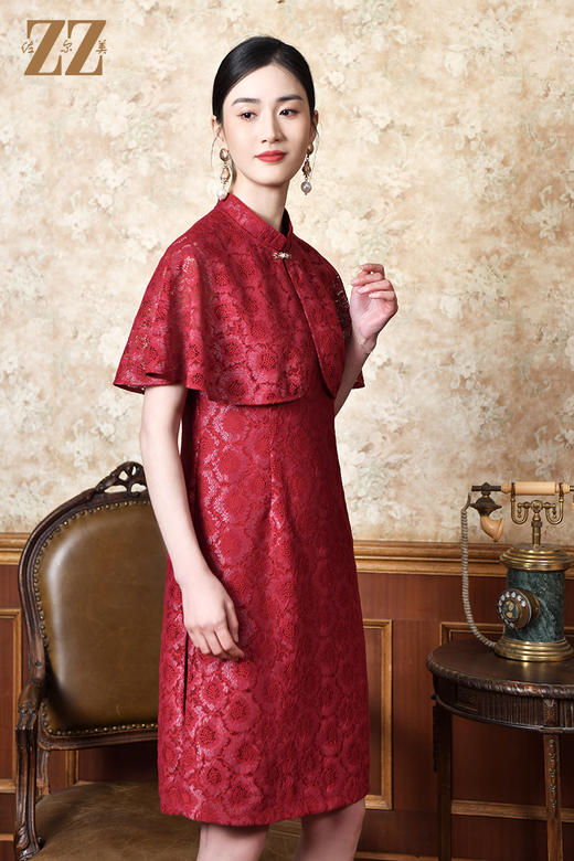 佐尔美春夏新款 蕾丝红色披肩无袖连衣裙女E21LL11 商品图3