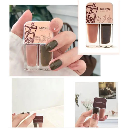 【任选两组，自动变价39.9】NUSVAN奶茶系列双色指甲油（芒果抹茶/脏脏蜜桃/蓝莓星冰乐/椰汁西米露/海藻之蓝/红豆拿铁/金沙红榴） 商品图6