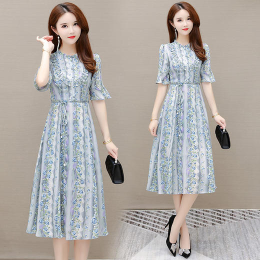 YWE  J2253五分袖雪纺印花连衣裙修身气质大码A字裙 商品图3