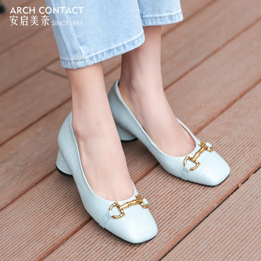 安启美奈足弓设计浅口单鞋女时尚方头粗跟法式单鞋52730 商品图2