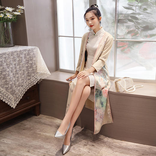 新款改良七分袖中长款旗袍麂皮绒外披MLS-301 商品图1