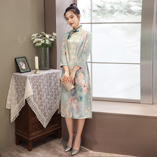 新款改良七分袖中长款旗袍麂皮绒外披MLS-301 商品图3