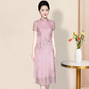 LC-2039新款旗袍改良款柔纱绣花修身开叉假两件短袖连衣裙女 商品缩略图1