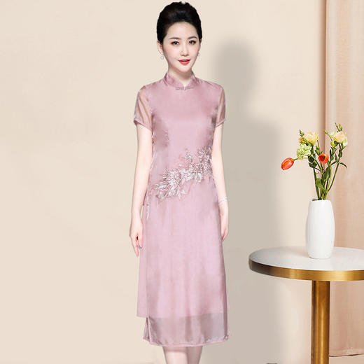 LC-2039新款旗袍改良款柔纱绣花修身开叉假两件短袖连衣裙女 商品图1