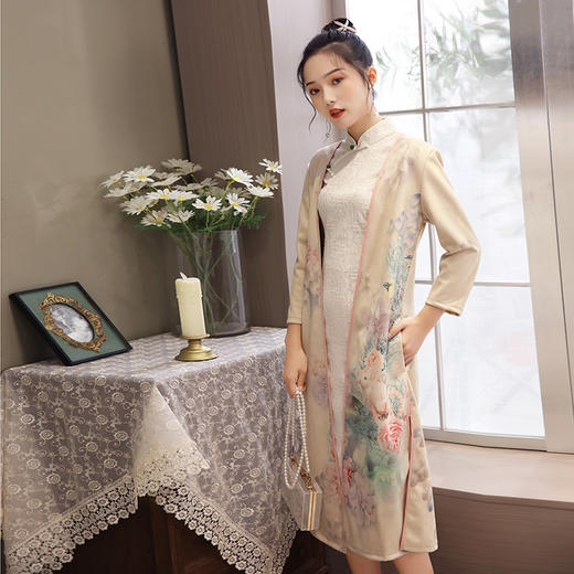 新款改良七分袖中长款旗袍麂皮绒外披MLS-301 商品图2