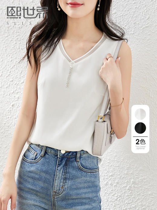 【专属特价】熙世界雪纺吊带V领背心女夏新款宽松外穿内搭白色无袖上衣 商品图1