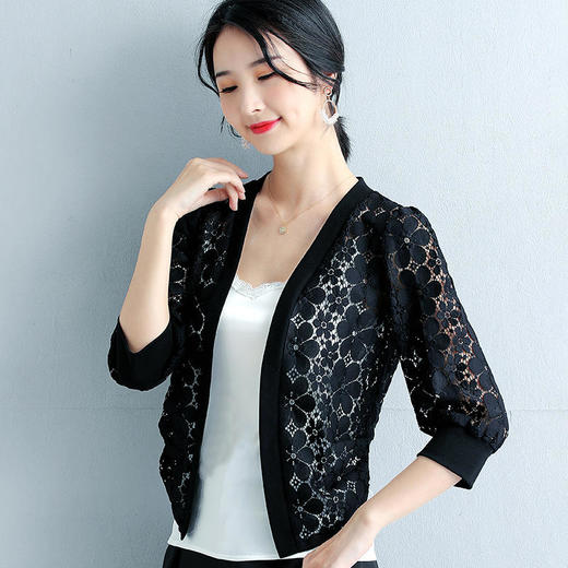 【ZZ】小香风短款蕾丝外套女夏装2022款五分袖上衣空调防晒衫开衫薄款 商品图3