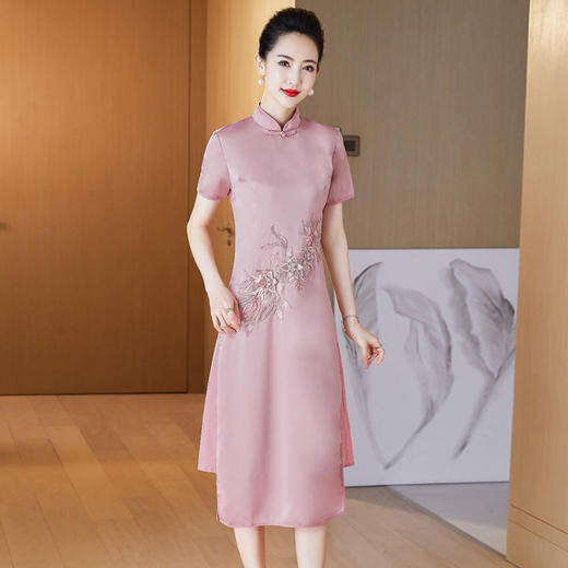 LC-2039新款旗袍改良款柔纱绣花修身开叉假两件短袖连衣裙女 商品图5