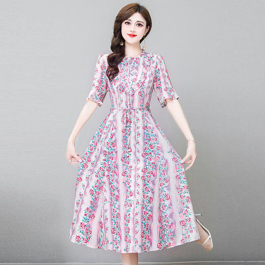YWE  J2253五分袖雪纺印花连衣裙修身气质大码A字裙 商品图1