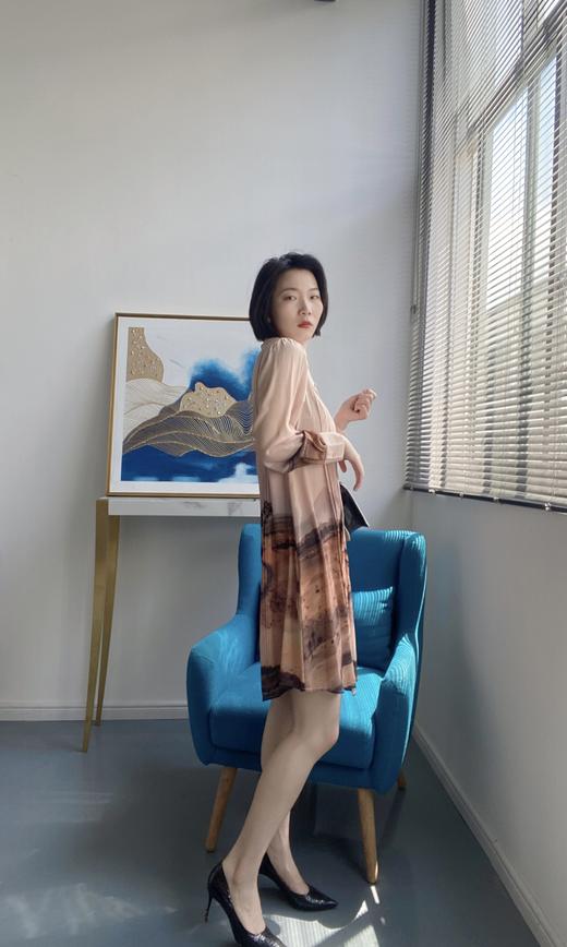 【粉色系衬衫裙】臣禾【写意印花裙】合体型长袖雪纺连衣裙K211020303【奥莱】 商品图3