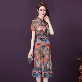 【AHM】2022夏季新款香云纱连衣裙时尚气质妈妈印花复古V领桑蚕丝A字裙