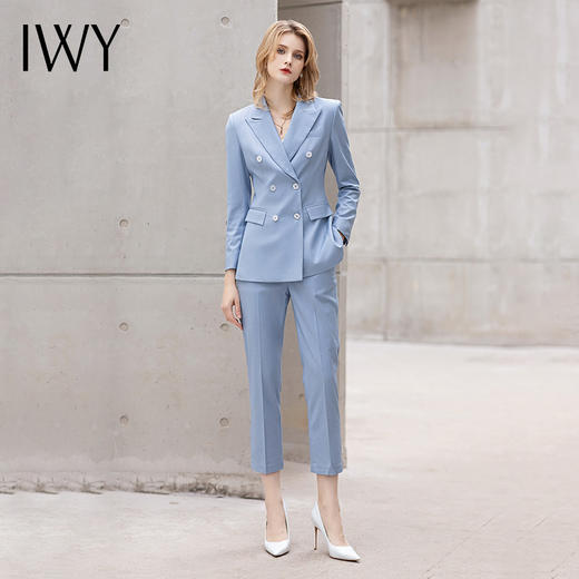 IWY/高端长袖西服职业装气质女神范蓝色双排扣西装套装女商务总裁正装 C12101+P12101 商品图0