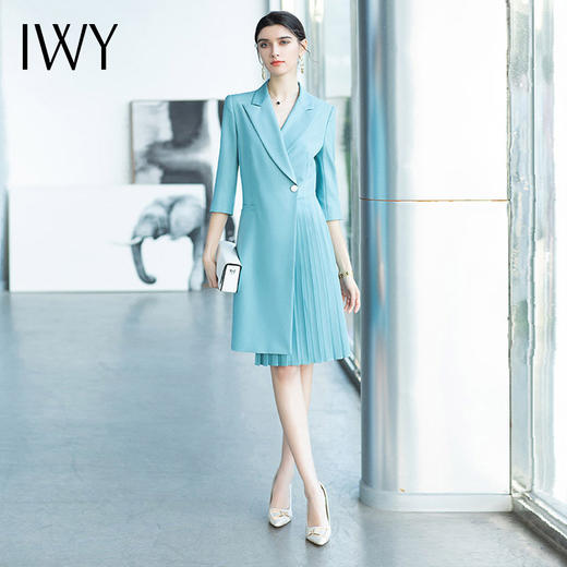 IWY/气质名媛收腰显瘦高端职业连衣裙女蓝色西装套裙时尚七分袖百褶裙Q656 商品图2