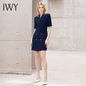 IWY/藏青色夏季短袖西装连衣裙女名媛气质时尚职业套装售楼部商务正装