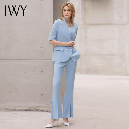 IWY/夏季短袖西装套装职业装女时尚气质美容院工作服阔腿裤蓝色正装Ol 商品图1
