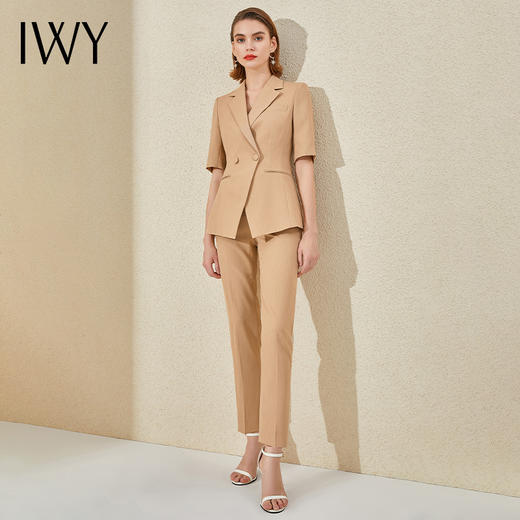 IWY/高端卡其色干练短袖西装套装女夏季英伦风双排扣时尚职业装气质OL 商品图0