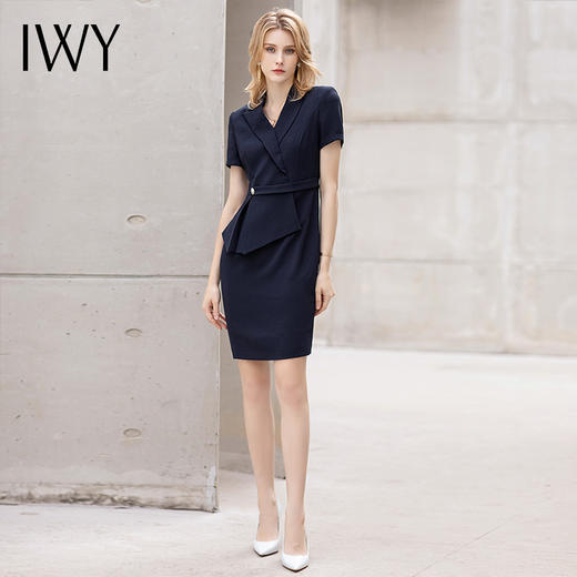 IWY/藏青色夏季短袖职业连衣裙女总裁正装通勤双排扣假两件西服裙正装 商品图0