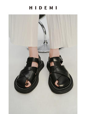 HIDEMI 牛皮手工宽编织镂空设计感厚底凉鞋皮鞋 白色/黑色