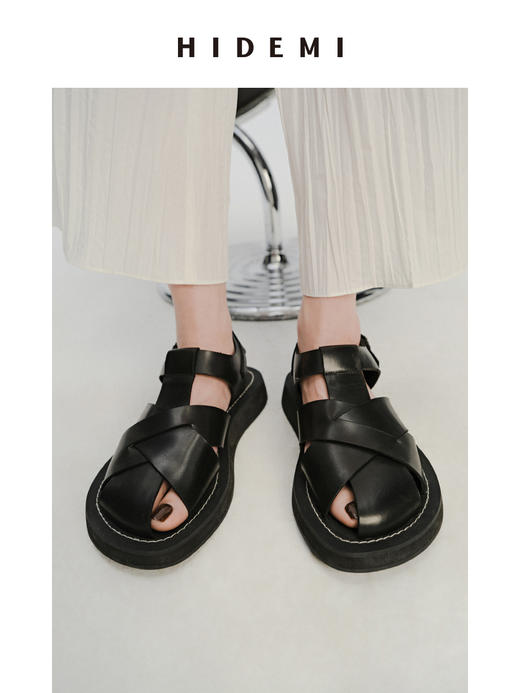 HIDEMI 牛皮手工宽编织镂空设计感厚底凉鞋皮鞋 白色/黑色 商品图0