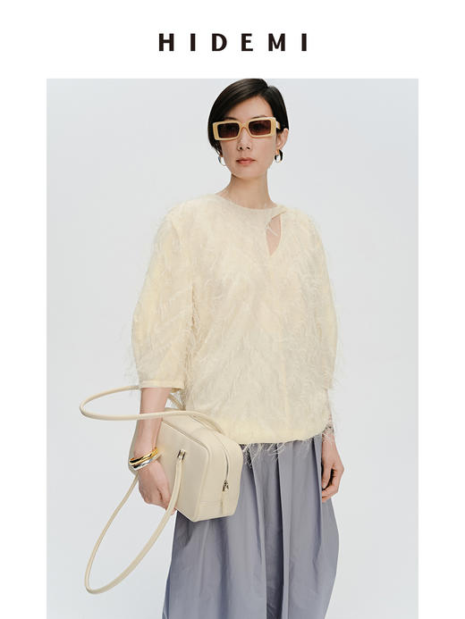 HIDEMI 软雕塑立体短流苏设计感不对称镂空设计廓形袖上衣 商品图7
