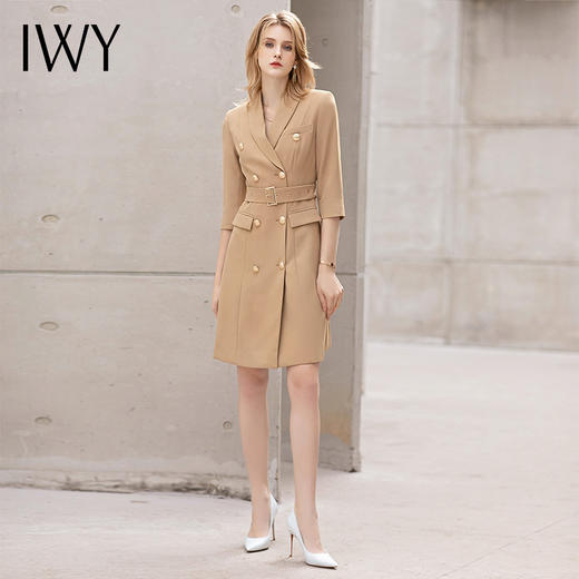 IWY/卡其色七分袖主持正装连衣裙女夏季高端美容院工作服气质名媛裙子 商品图0