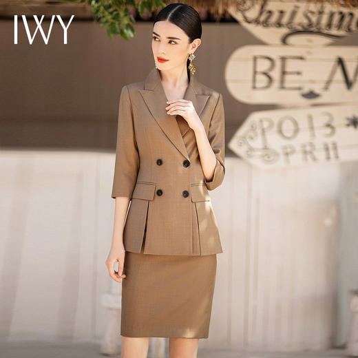 IWY/卡其色酒店经理工作服女夏双排扣气质高端英伦风职业装西装套装裙 商品图1