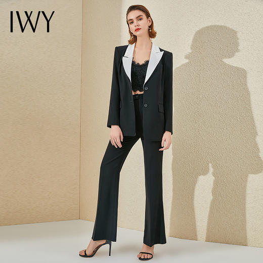 IWY/黑色撞色领职业套装阔腿裤女名媛气质西装面试正装酒店经理工作服 商品图0