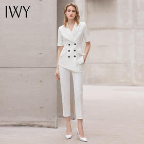IWY/IWY夏季短袖职业西装套装时尚干练双排扣气质修身白色商务工作服