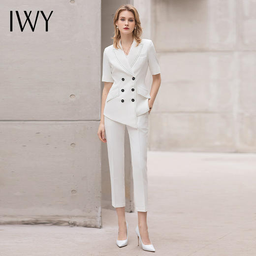 IWY/IWY夏季短袖职业西装套装时尚干练双排扣气质修身白色商务工作服 商品图0