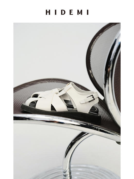 HIDEMI 牛皮手工宽编织镂空设计感厚底凉鞋皮鞋 白色/黑色 商品图8