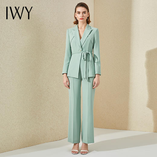 IWY/气质绑带阔腿裤总裁西装套装女浅绿色时尚高端长袖美容院职业装OL 商品图0