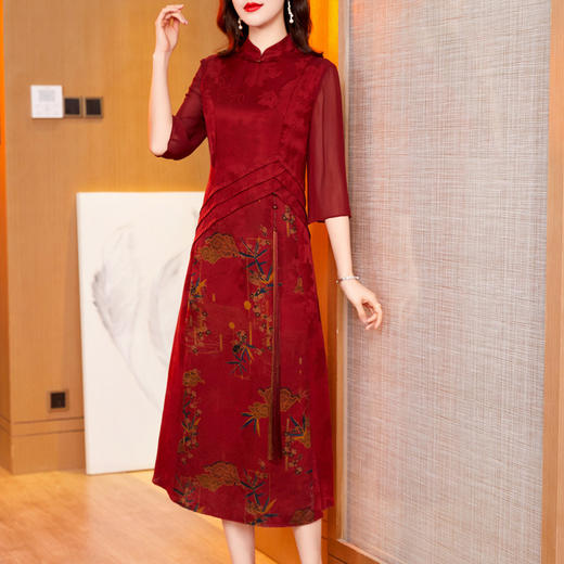 喜婆婆红色花萝香云纱连衣裙2022年新款真丝桑蚕丝改良旗袍裙ZT-791 商品图1