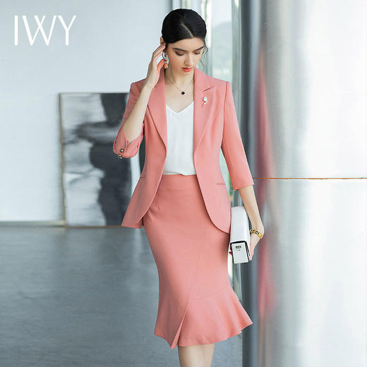 IWY/气质粉色西装套裙女时尚名媛七分袖夏薄款鱼尾裙前台接待职业裙装CS1502 商品图4