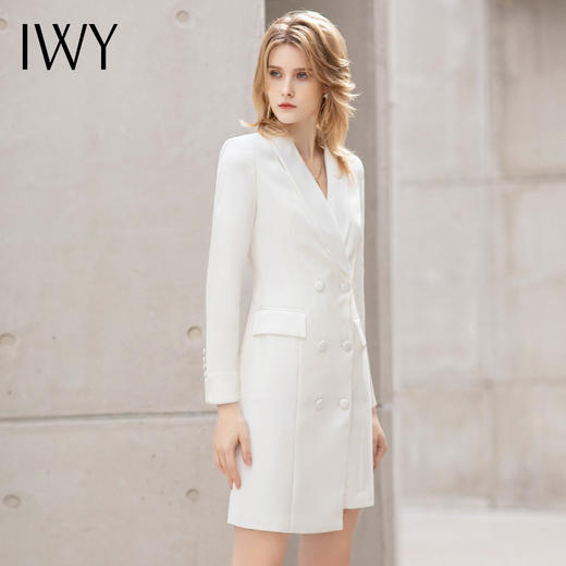 IWY/新款长袖连衣裙女白色西服裙正式场合双排扣西装领裙子时尚经理装 商品图3