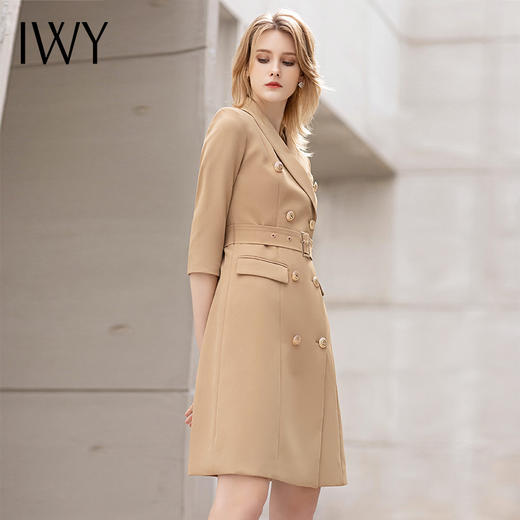 IWY/卡其色七分袖主持正装连衣裙女夏季高端美容院工作服气质名媛裙子 商品图4
