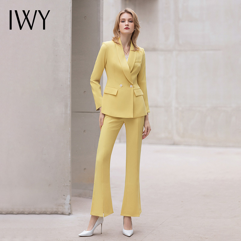 IWY/高端黄色阔腿裤西装套装女春秋2022长袖美容院工作服休闲职业正装