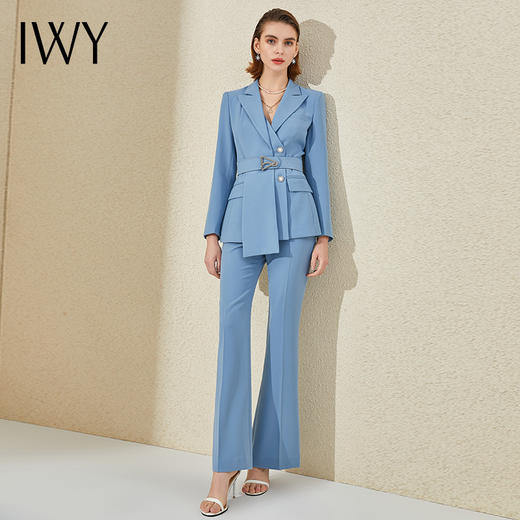 IWY/高端蓝色阔腿裤西装套装女长袖设计感时尚气质总裁职业正装工作服 商品图1