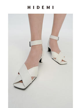 HIDEMI 交叉设计感羊皮方尖头小跟凉鞋皮鞋 白色/黑色