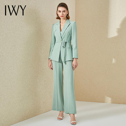 IWY/气质绑带阔腿裤总裁西装套装女浅绿色时尚高端长袖美容院职业装OL 商品图1